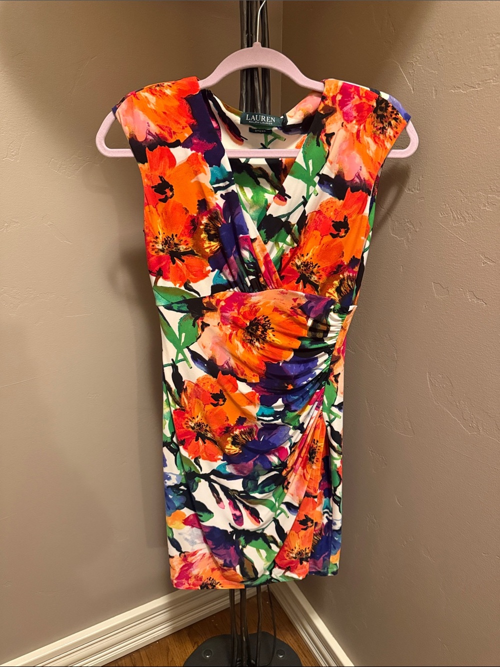Lauren Ralph Lauren Orange Multicolor Floral V-Neck Midi Dress